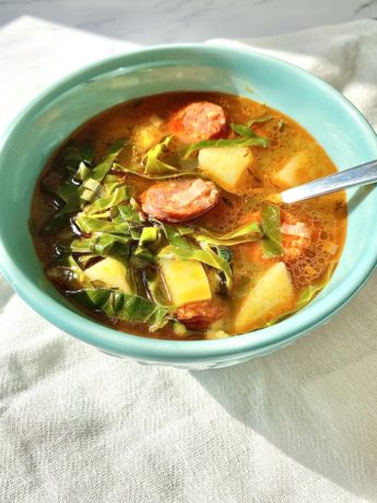 Chorizo and spring greens soup