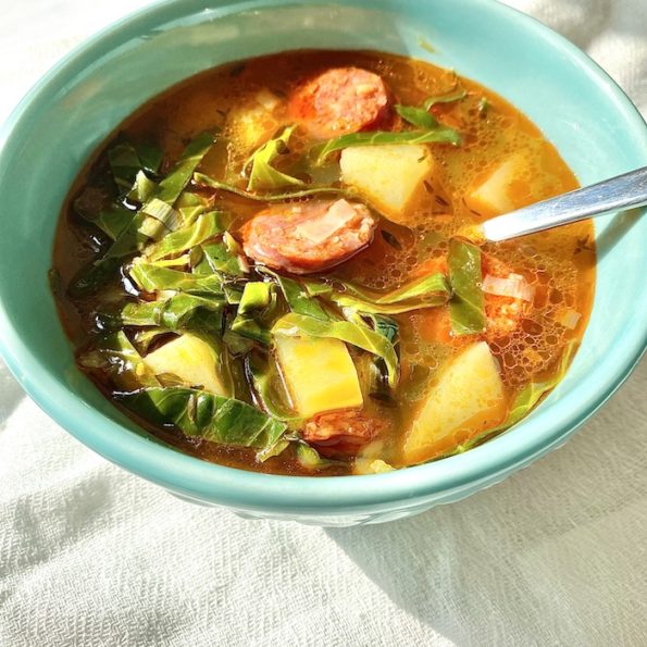 Chorizo and spring greens soup