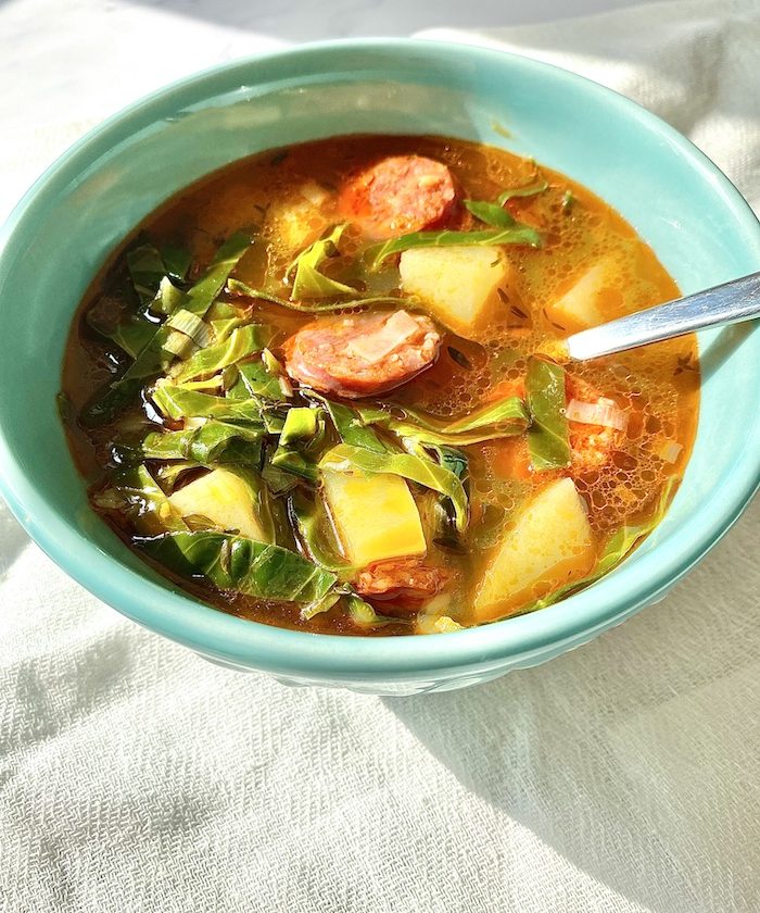 Chorizo and spring greens soup