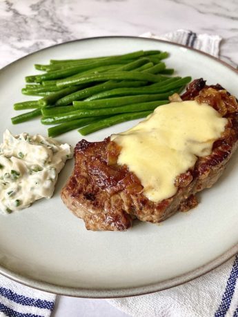 Sirloin Steak with Cheddar and Caramelised Onions