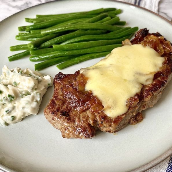 Sirloin Steak with Cheddar and Caramelised Onions