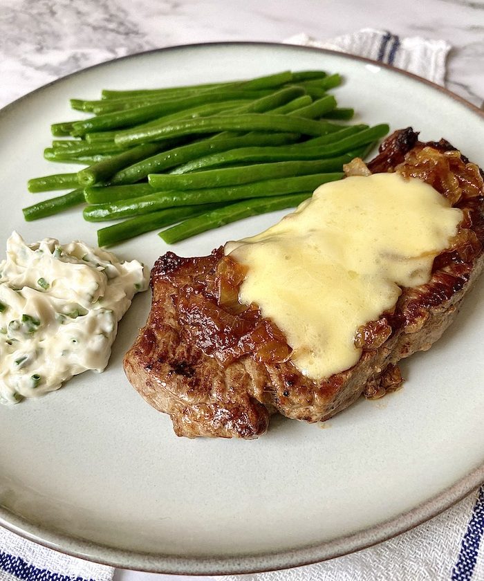 Sirloin Steak with Cheddar and Caramelised Onions