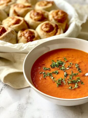 Spicy Tomato and Pepper Soup with Pizza Rolls