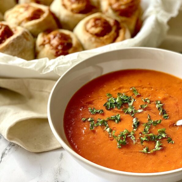 Spicy Tomato and Pepper Soup with Pizza Rolls