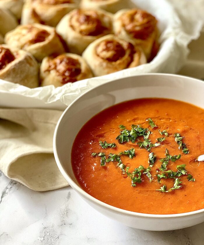 Spicy Tomato and Pepper Soup with Pizza Rolls