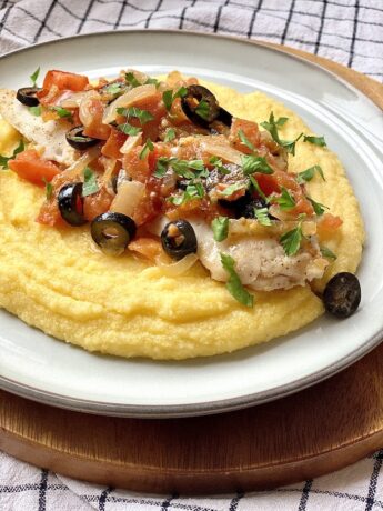 Cod in Tomato and Olive Sauce with Polenta