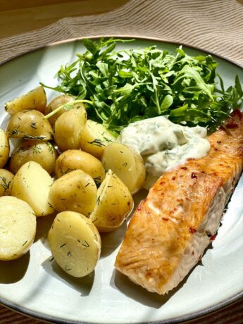 Baked salmon with dill baby potatoes