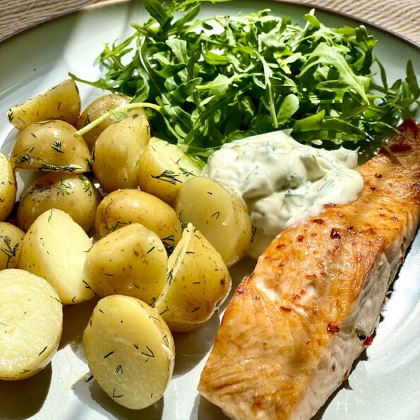 Baked salmon with dill baby potatoes