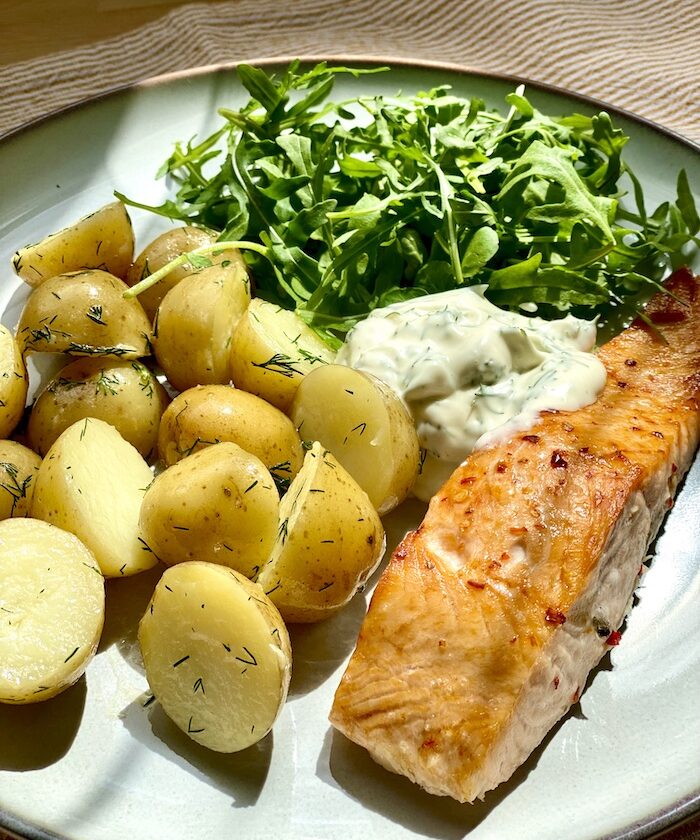 Baked salmon with dill baby potatoes