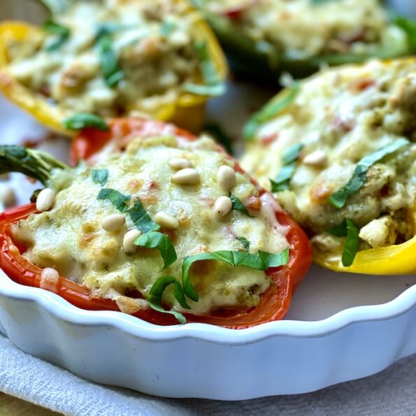 Pesto Chicken and Rice Stuffed Bell Peppers