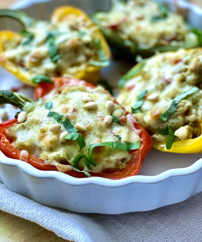 Pesto Chicken and Rice Stuffed Bell Peppers