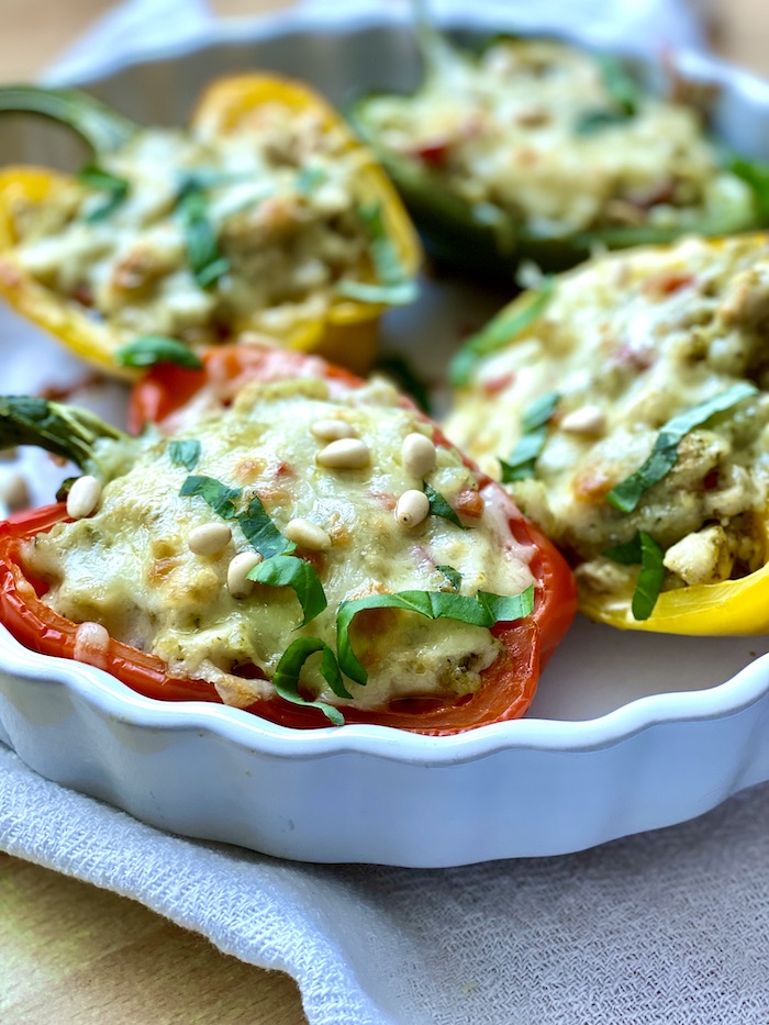 Pesto Chicken and Rice Stuffed Bell Peppers