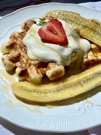 Cottage Cheese Waffles with Vanilla Yoghurt and Caramelized Bananas