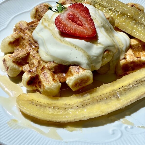 Cottage Cheese Waffles with Vanilla Yoghurt and Caramelized Bananas