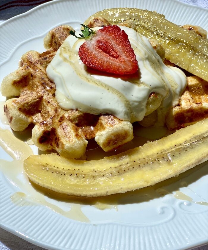 Cottage Cheese Waffles with Vanilla Yoghurt and Caramelized Bananas