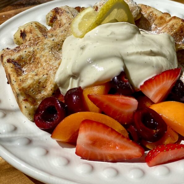 Lemon Poppy Seed Waffles with Fruit Salad