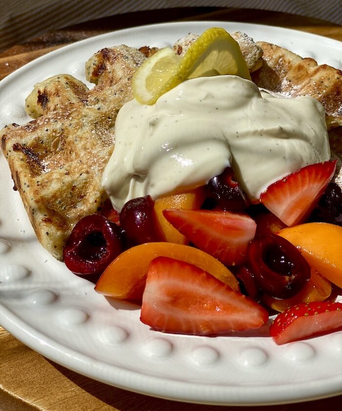 Lemon Poppy Seed Waffles with Fruit Salad