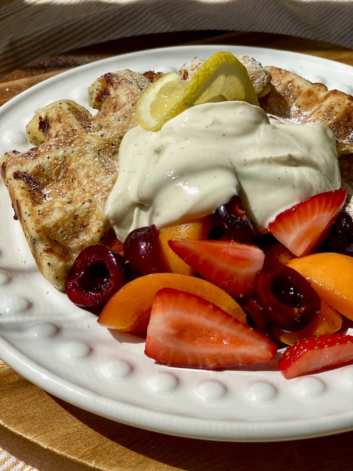 Lemon Poppy Seed Waffles with Fruit Salad