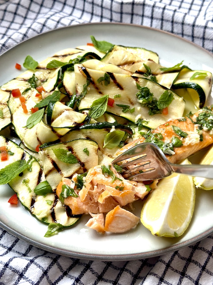 Baked Salmon with Basil Mint Grilled Courgettes