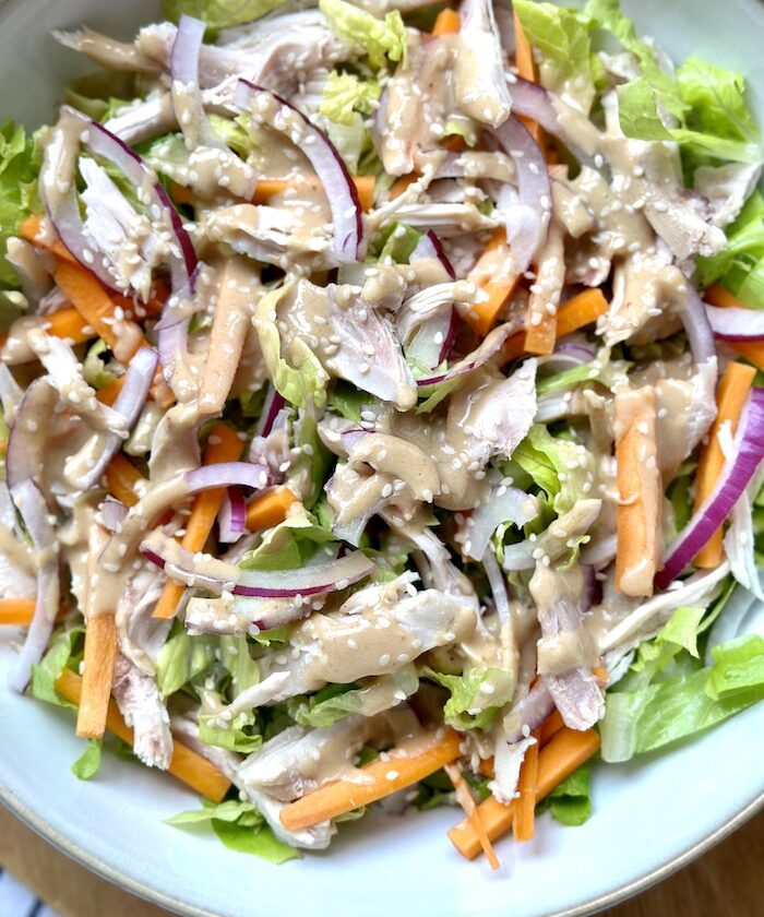 Crunchy Chicken Salad with Tahini Miso Lemon Dressing