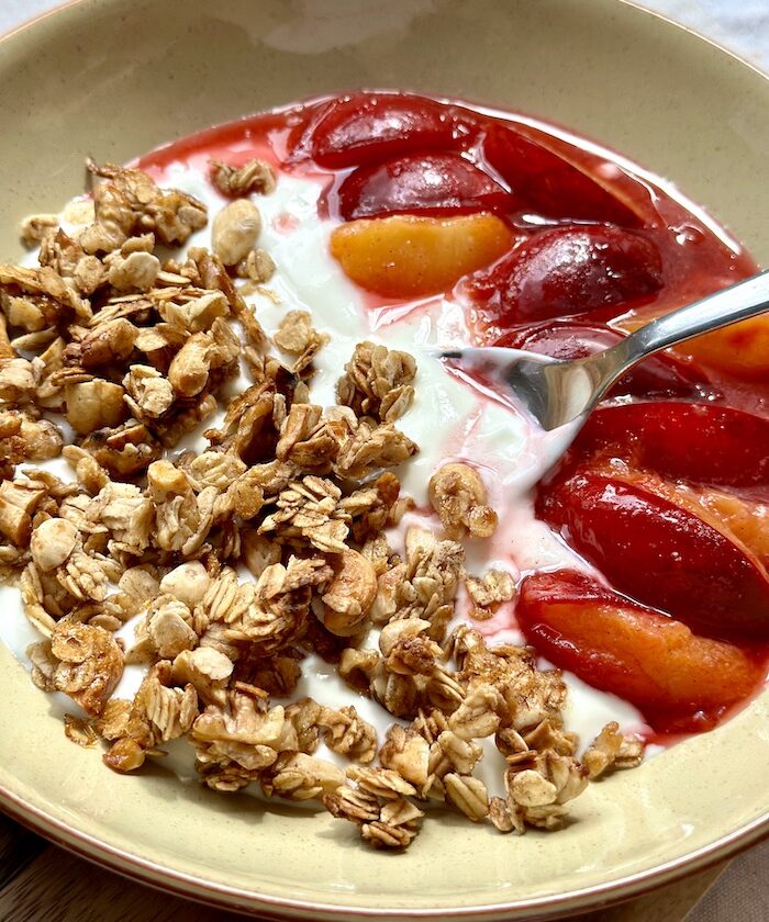 Homemade Granola with Honey Cinnamon Plums and Greek Yoghurt