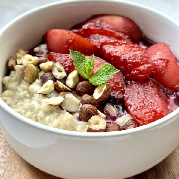 Apricot, peach, blueberry compote with oat porridge