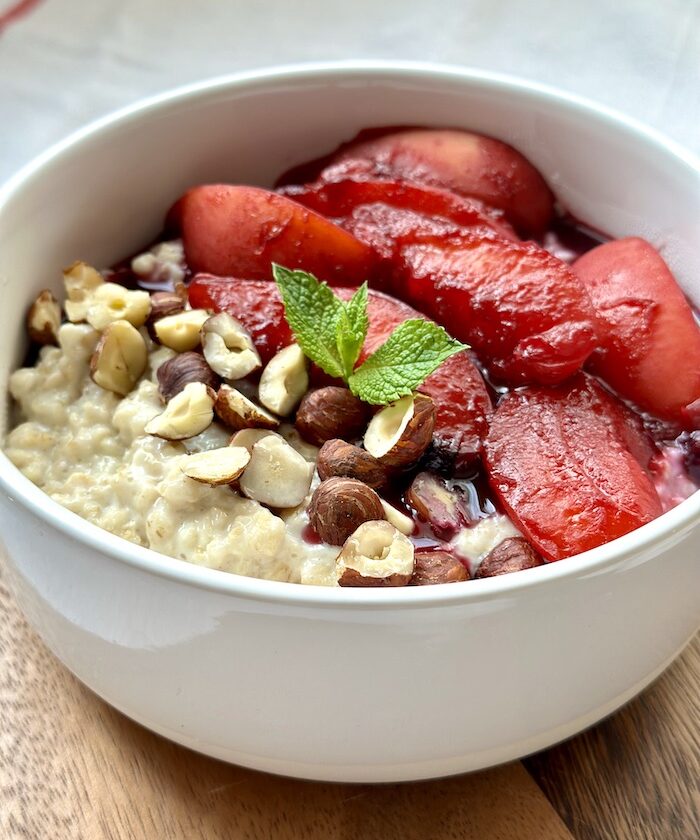 Apricot, peach, blueberry compote with oat porridge