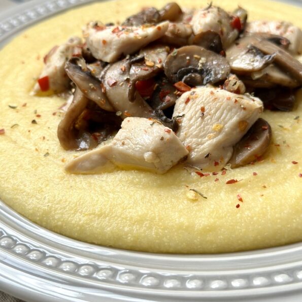 Braised chicken with mushrooms and polenta