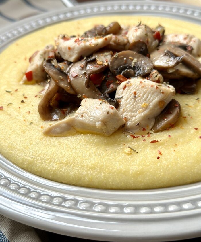 Braised chicken with mushrooms and polenta