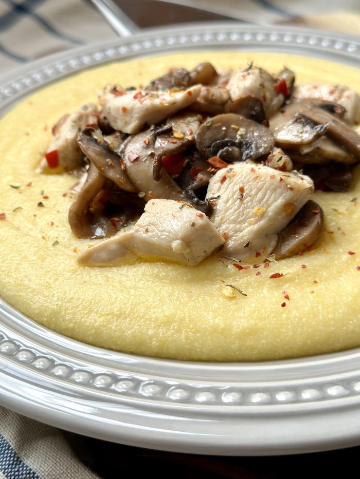 Braised chicken with mushrooms and polenta