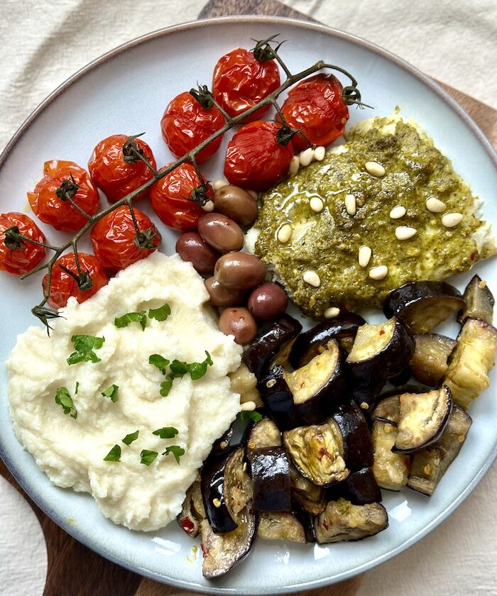 Baked white fish with roasted vegetables