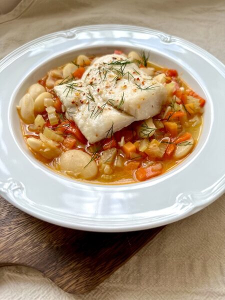 Vegetable Stew with Baked Cod