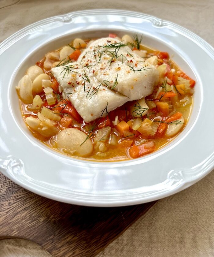 Vegetable Stew with Baked Cod