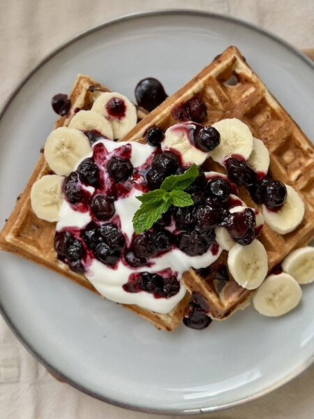 Banana Waffles with Blueberry Compote