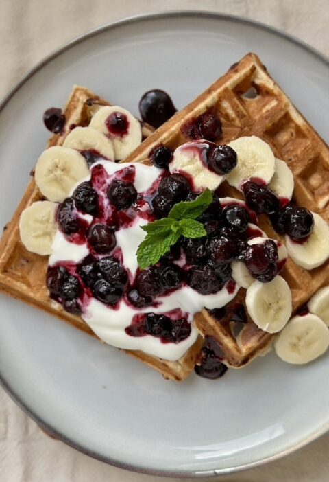 Banana Waffles with Blueberry Compote