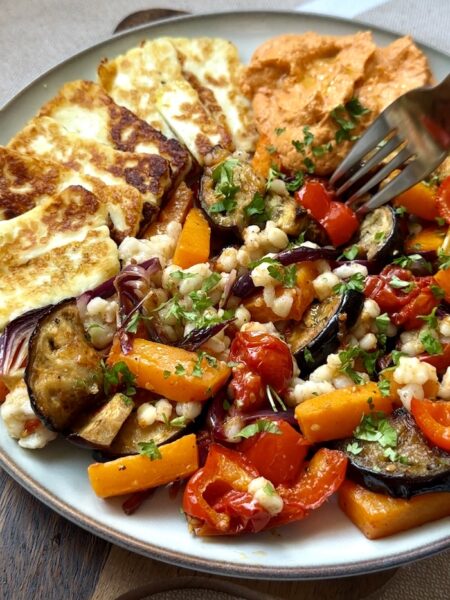 Roasted Vegetables and Barley Salad with Halloumi