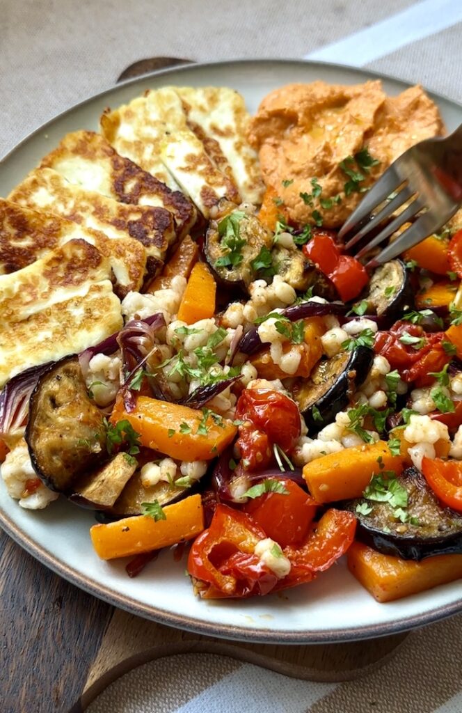 Roasted Vegetables and Barley Salad with Halloumi