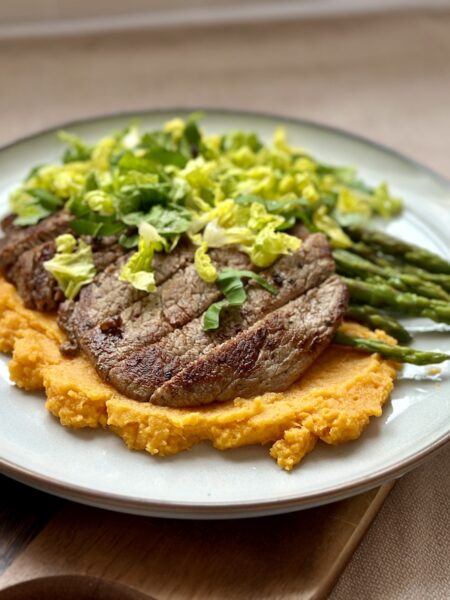 Steak with Sweet Potato Mash and Asparagus