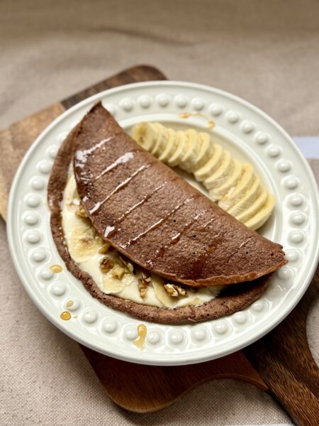 Chocolate Oat Pancake with Maple Yoghurt, Banana and Walnuts