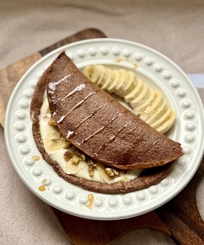 Chocolate Oat Pancake with Maple Yoghurt, Banana and Walnuts