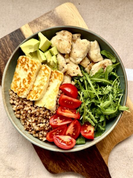 Buckwheat Cod and Halloumi Bowl