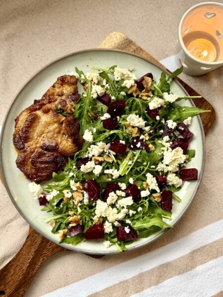 Harissa Pork Steaks with Beet an Rocket Salad