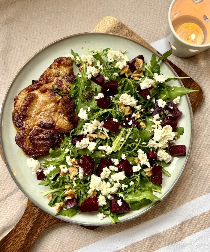 Harissa Pork Steaks with Beet an Rocket Salad