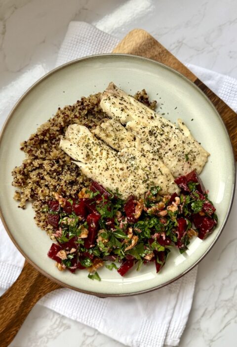 Quinoa & Fried Cod Bowl with Beetroot, Walnut & Parsley Salad