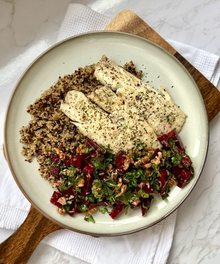 Quinoa & Fried Cod Bowl with Beetroot, Walnut & Parsley Salad