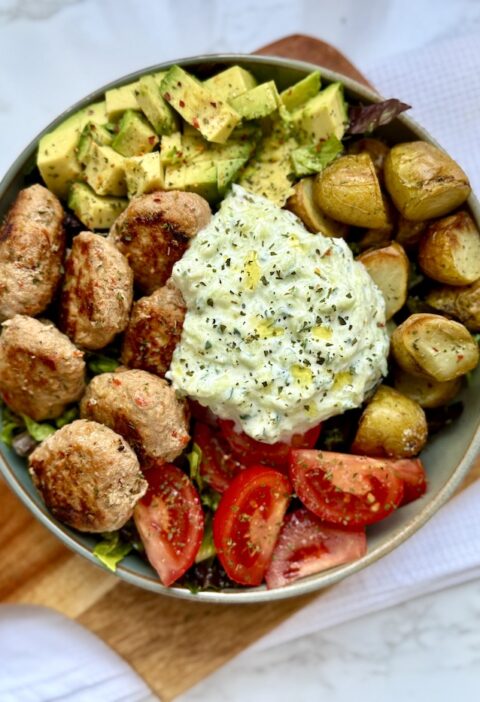 Chicken Meatball Bowl with Roasted Potatoes, Avocado, Tomatoes & Tzatziki Sauce