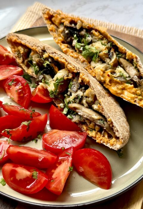 Mushroom Scramble and Harissa Mayo Stuffed Pitta