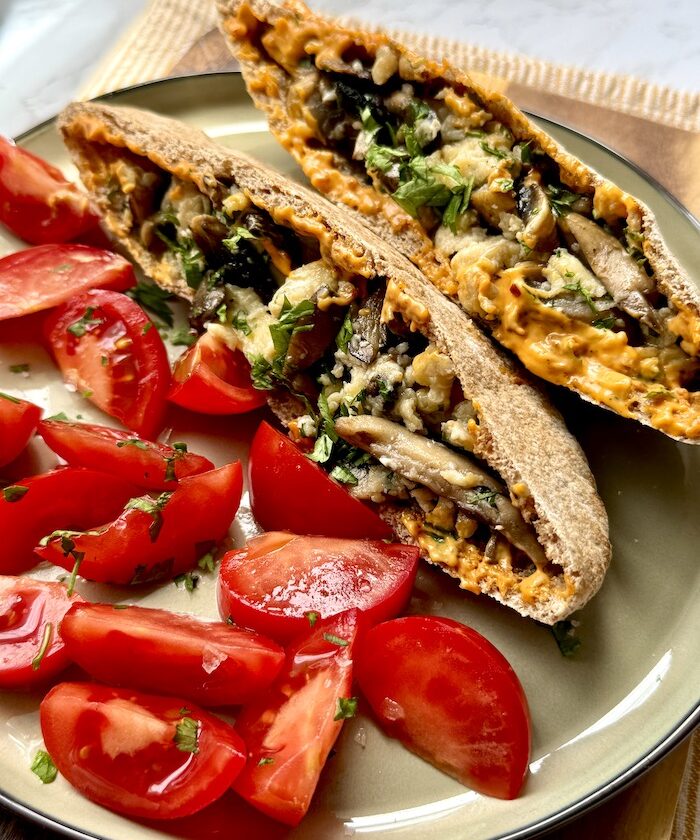 Mushroom Scramble and Harissa Mayo Stuffed Pitta