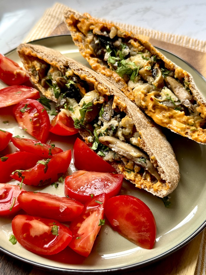 Mushroom Scramble and Harissa Mayo Stuffed Pitta