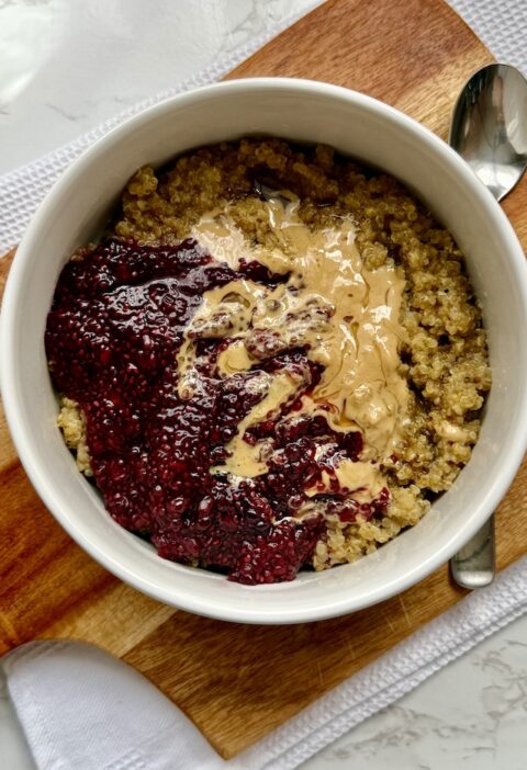 Creamy Quinoa Porridge with Cashew Butter and Blackberry Chia Jam